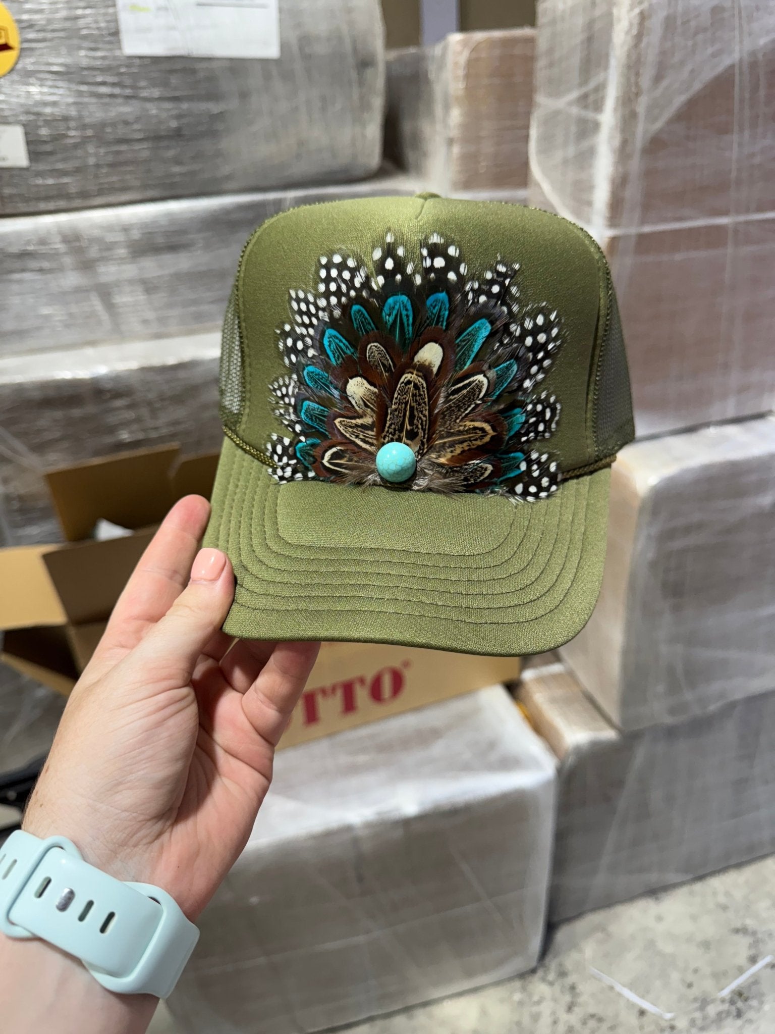 Olive Feather Trucker Hat