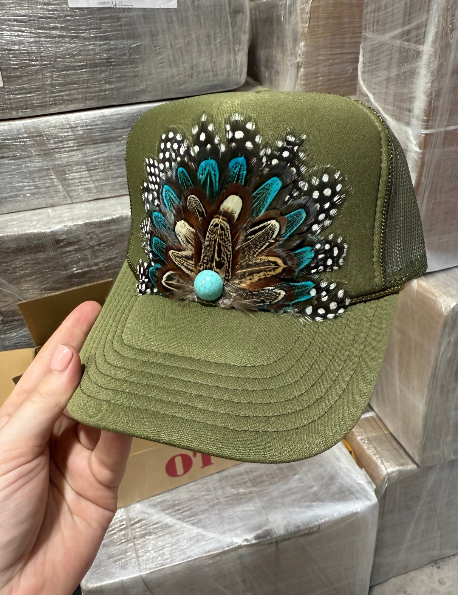 Olive Feather Trucker Hat