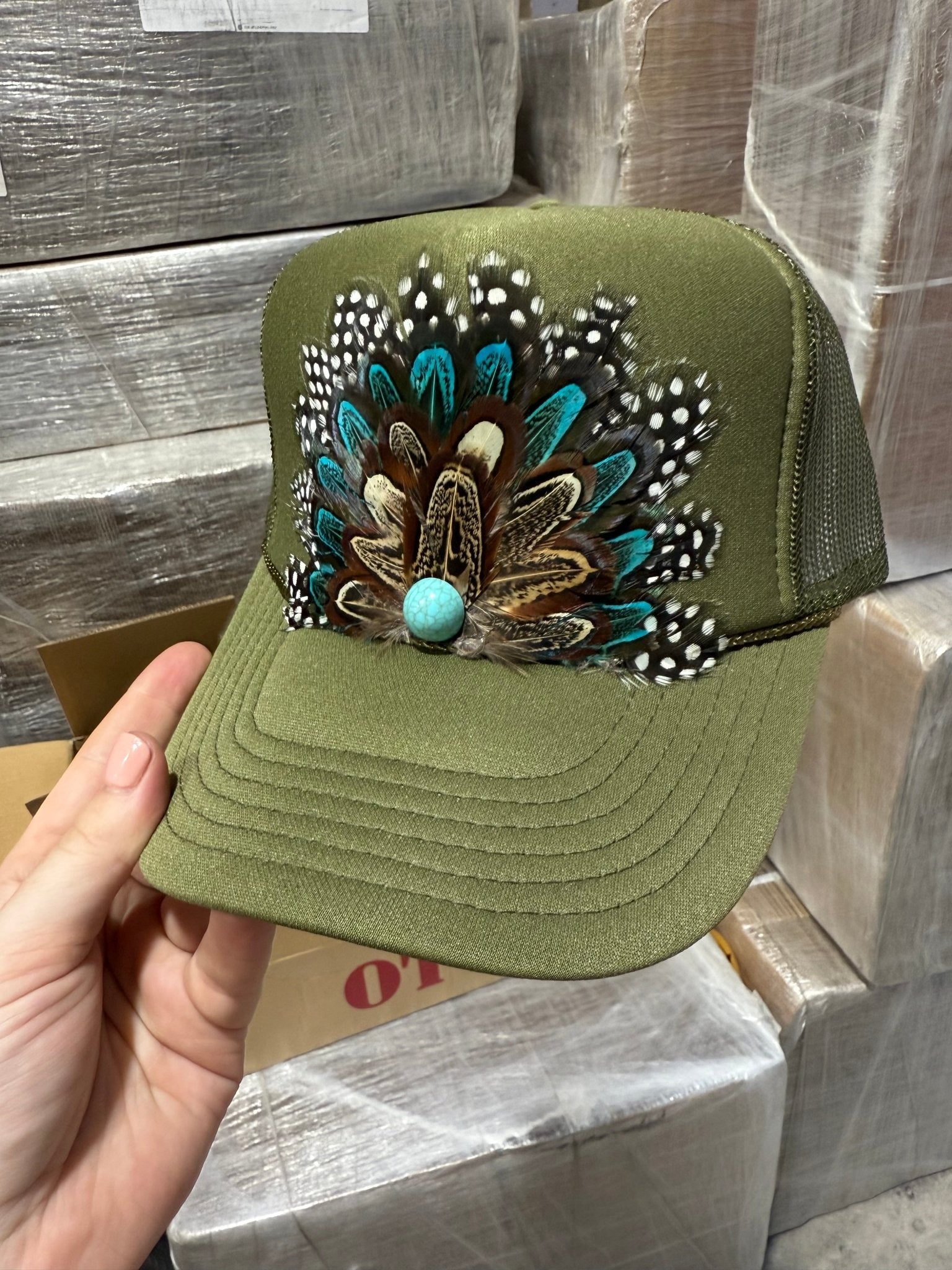 Olive Feather Trucker Hat