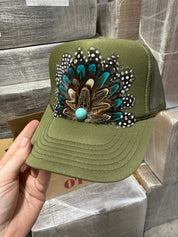 Olive Feather Trucker Hat