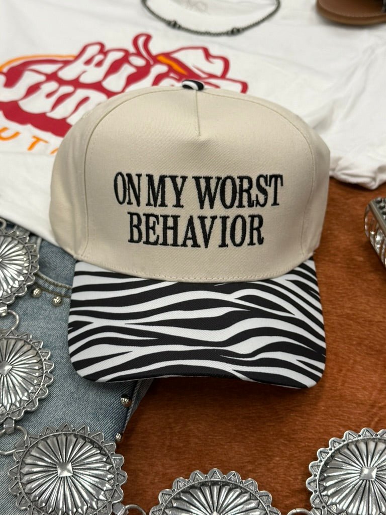 On My Worst Behavior Zebra Embroidered Trucker Hat
