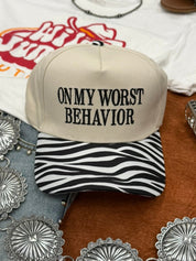 On My Worst Behavior Zebra Embroidered Trucker Hat