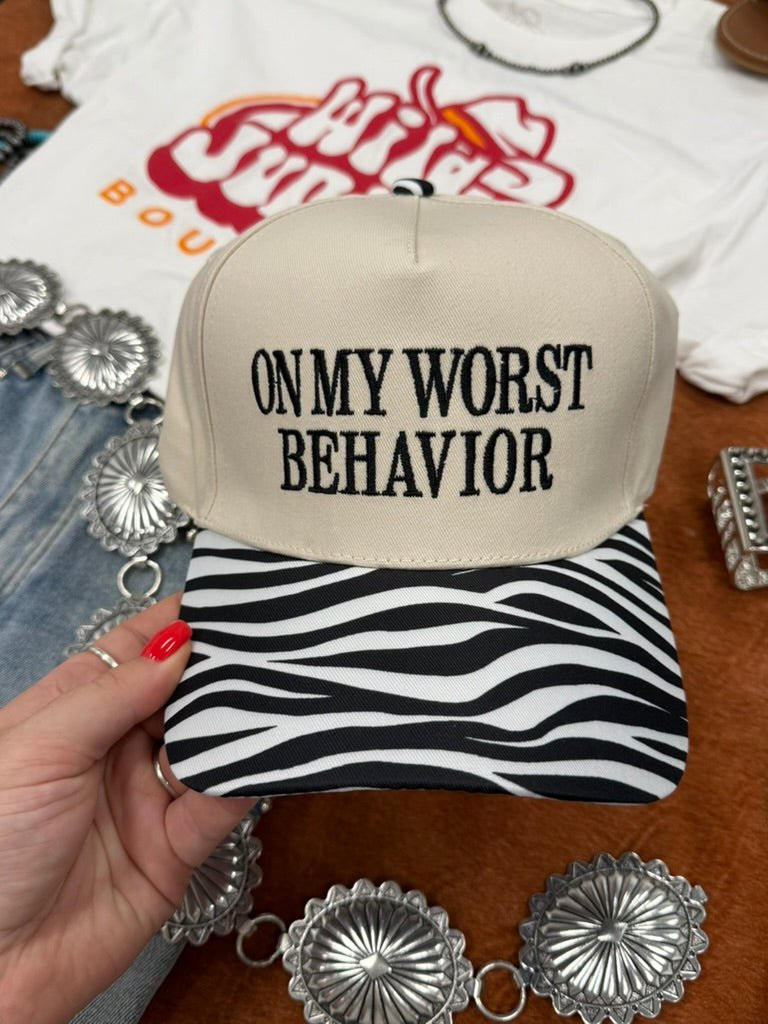 On My Worst Behavior Zebra Embroidered Trucker Hat