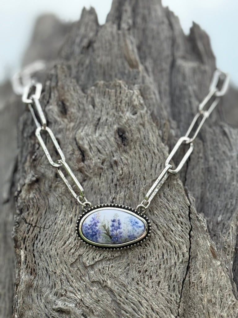 Oval Bluebonnet Paperclip Chain Necklace
