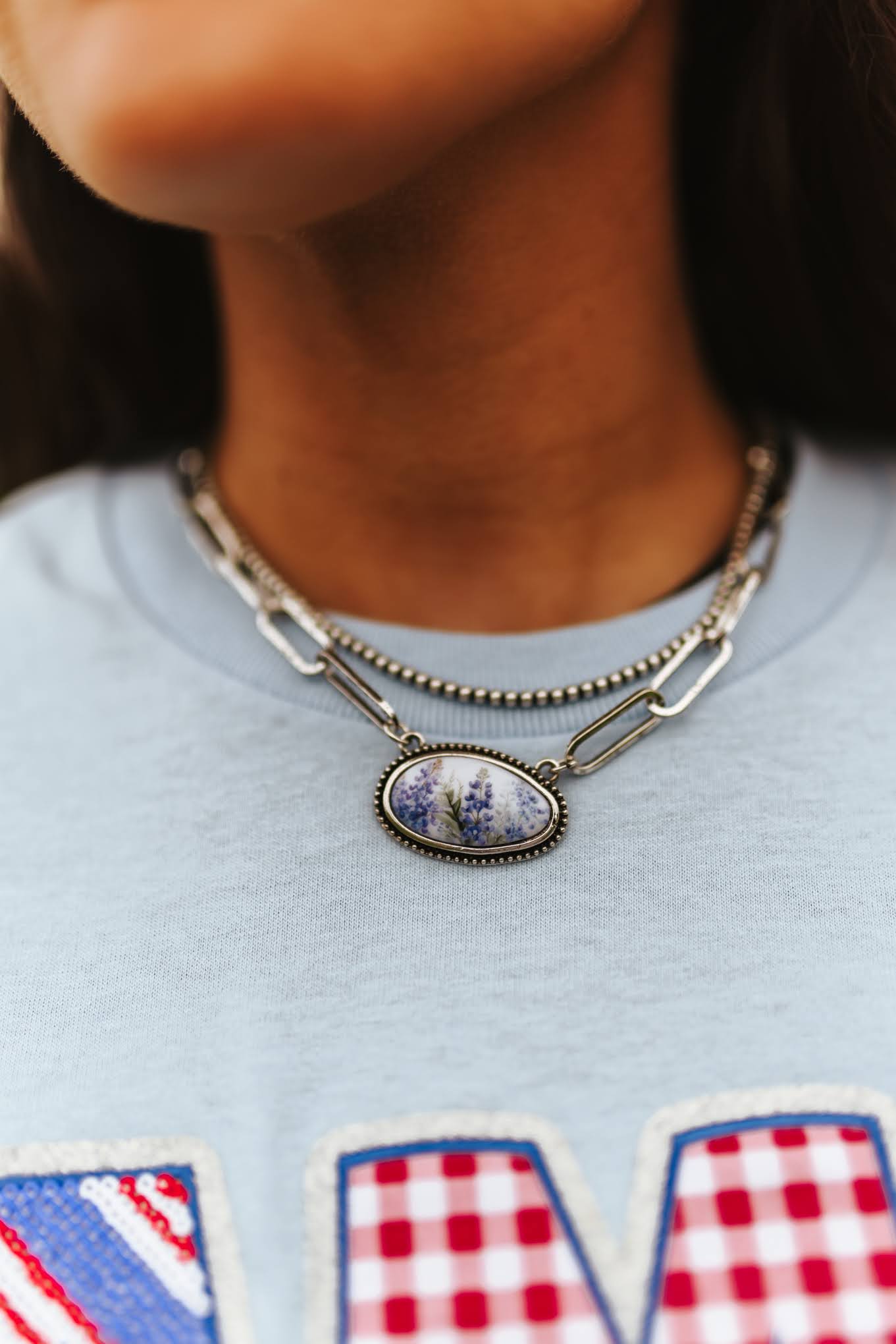 Oval Bluebonnet Paperclip Chain Necklace