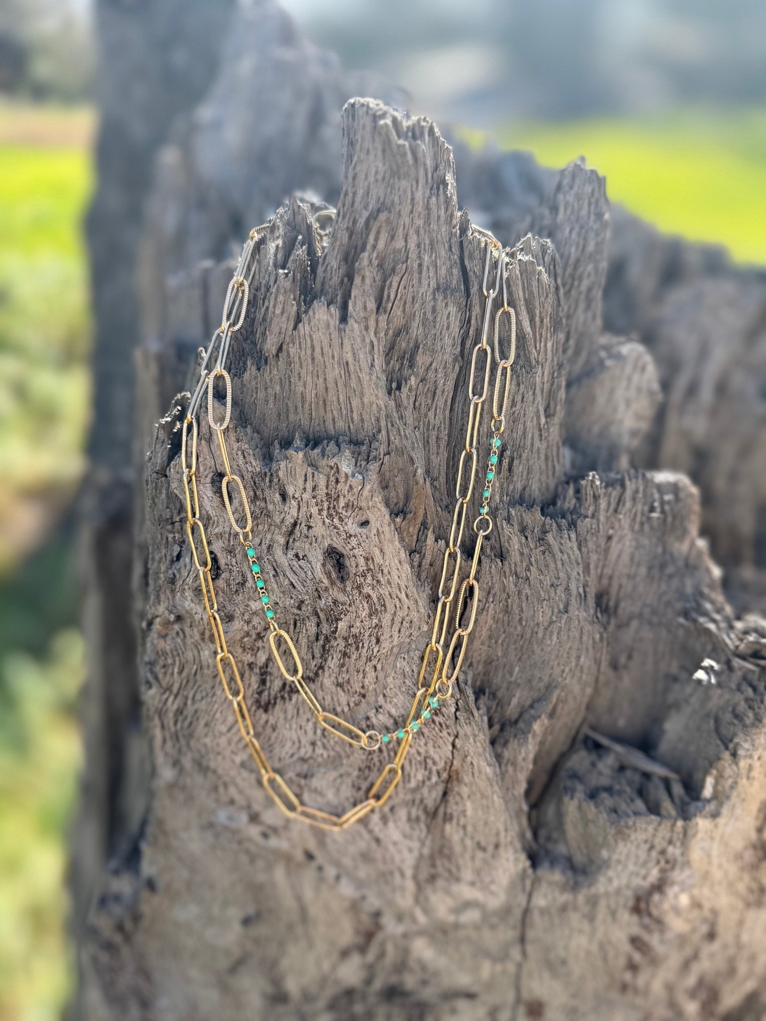Paperclip Gold Chain Necklace with Turquoise Bits