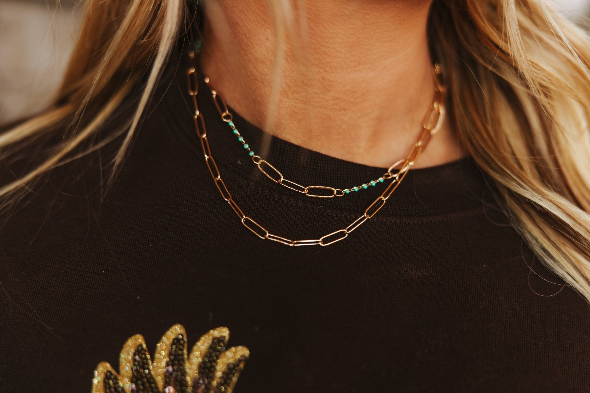 Paperclip Gold Chain Necklace with Turquoise Bits