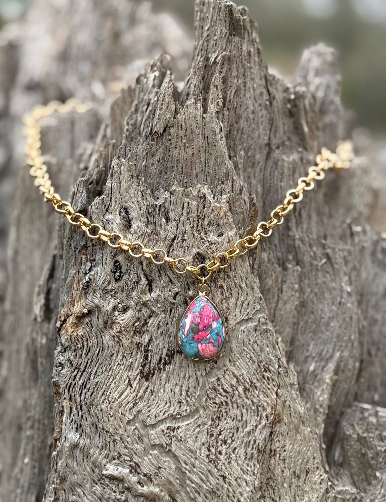 Pink Dahlia Teardrop Gold Chain Necklace