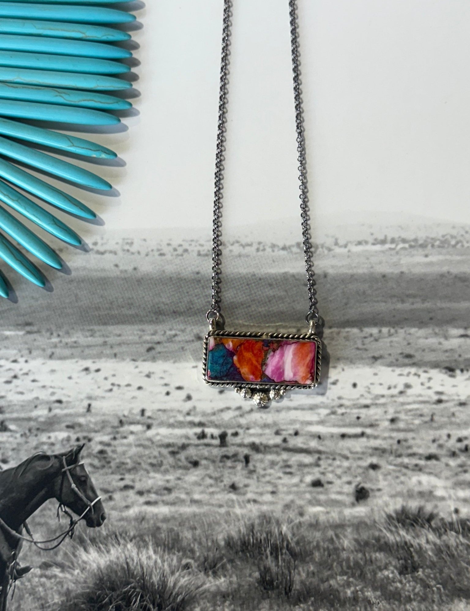Pink Dahlia Turquoise Bar Necklace