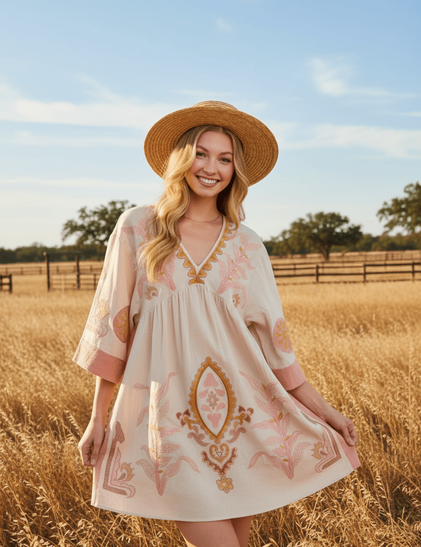 Pink Embroidered Babydoll DressS