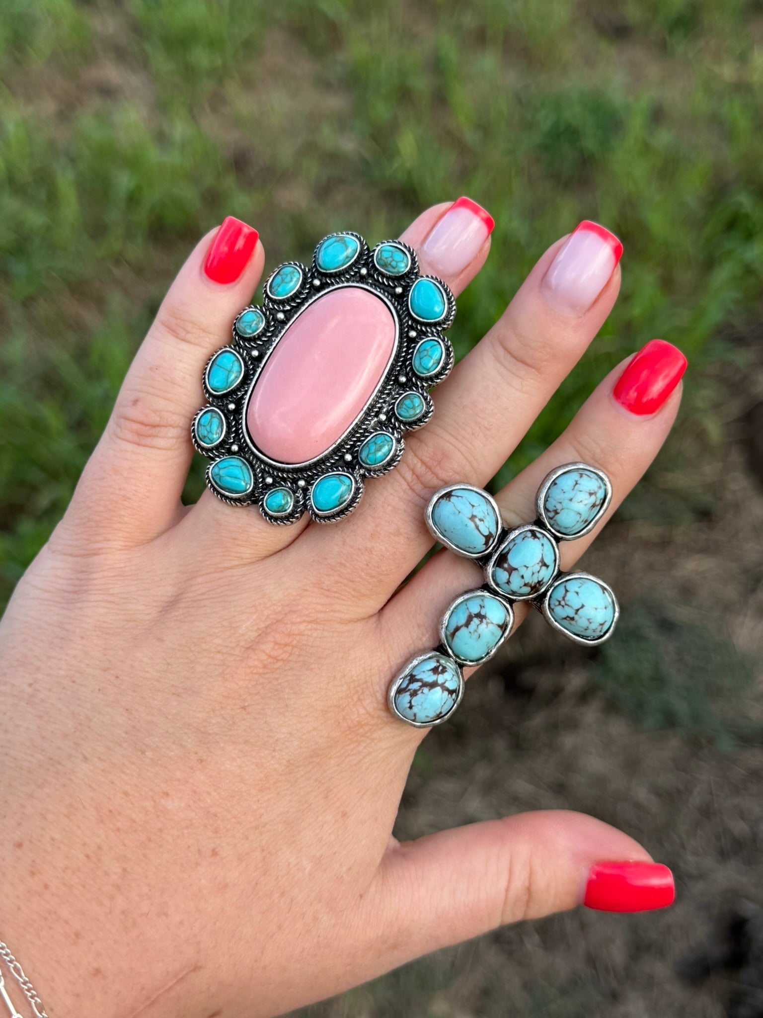 Pink Oval Turquoise Halo Ring