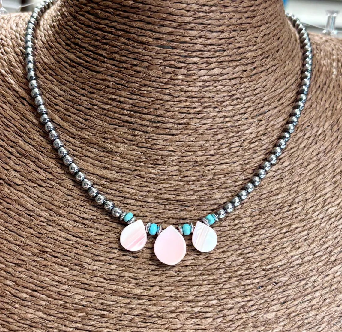 Pink Queen Conch Petal & Turquoise Beaded Choker