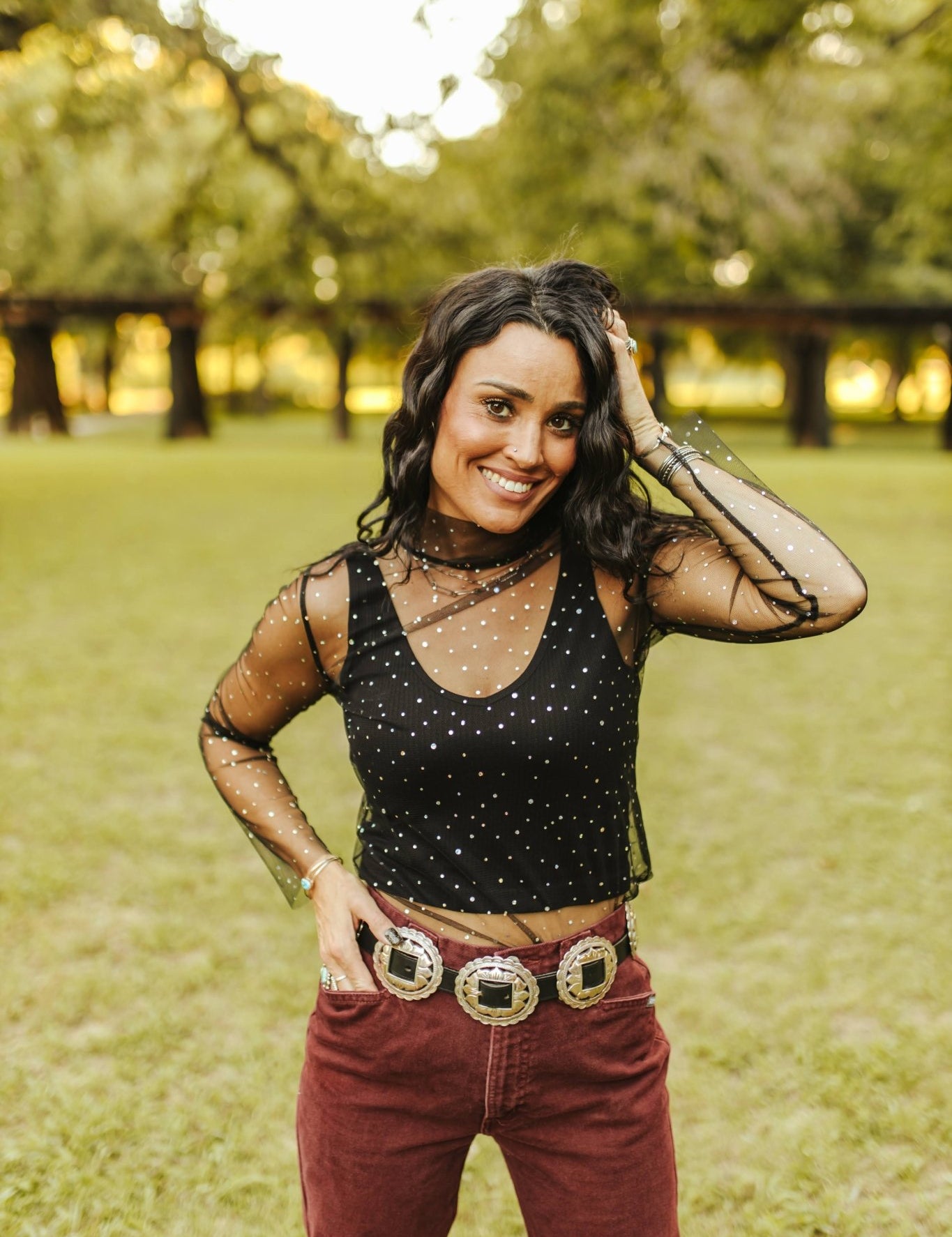 Polka Dot Mesh Long Sleeve TopS