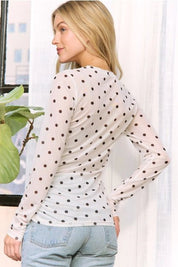Polka Dot Mesh Long Sleeve - WhiteS