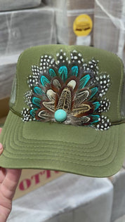 Olive Feather Trucker Hat