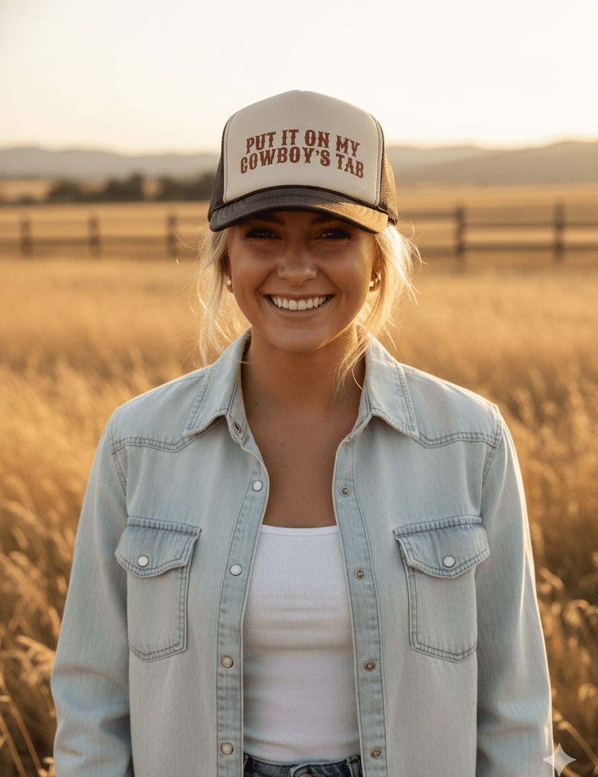 Put It On My Cowboy's Tab Trucker HatBrown & Tan