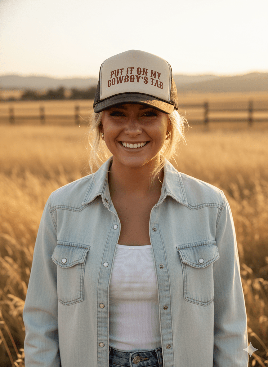 Put It On My Cowboy's Tab Trucker HatBrown & Tan