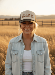 Put It On My Cowboy's Tab Trucker HatBrown & Tan