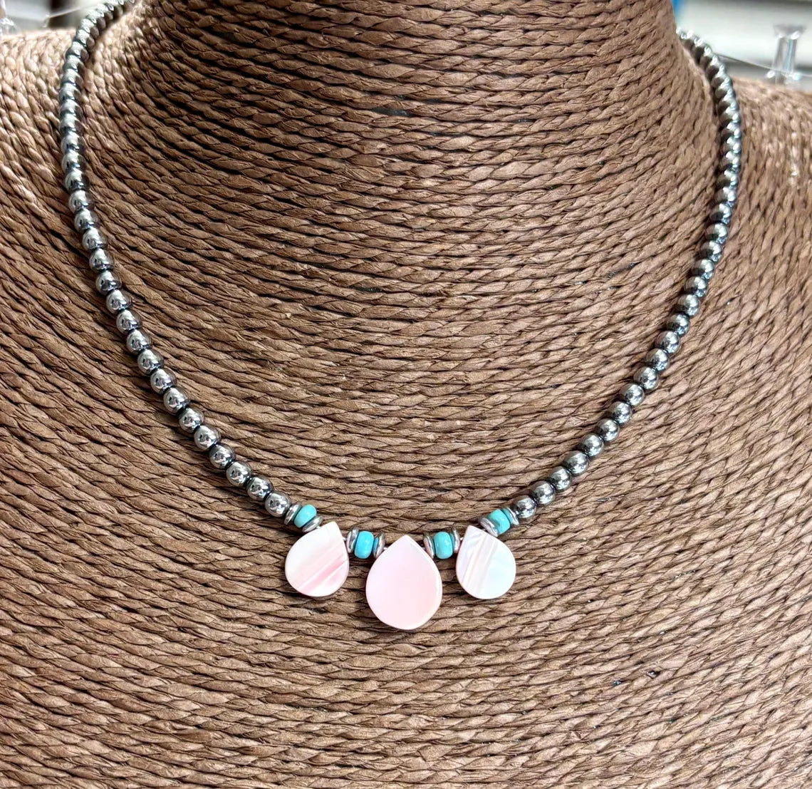 Pink Queen Conch Petal & Turquoise Beaded Choker