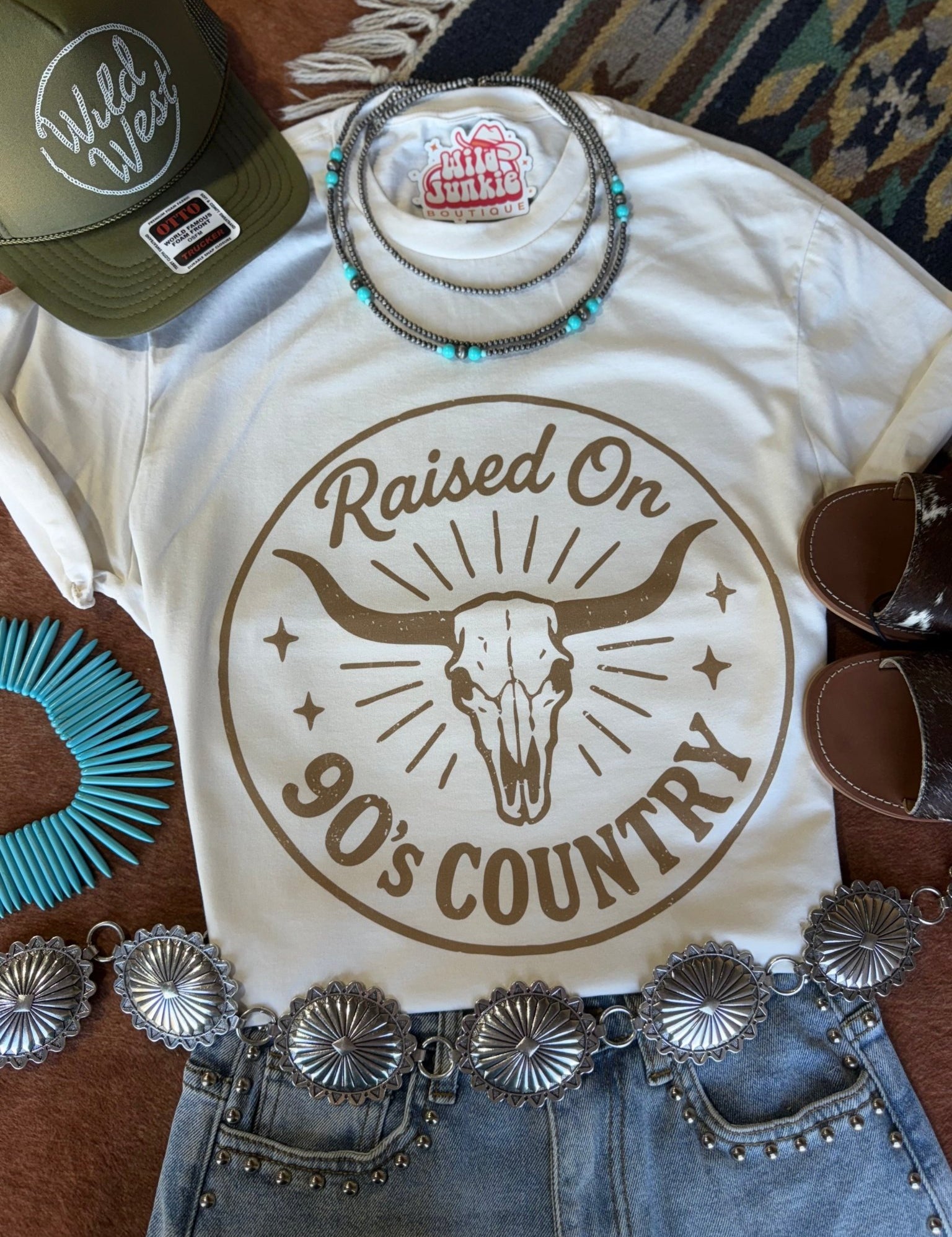 Raised On 90's Country Steer Skull Graphic TeeNaturalS