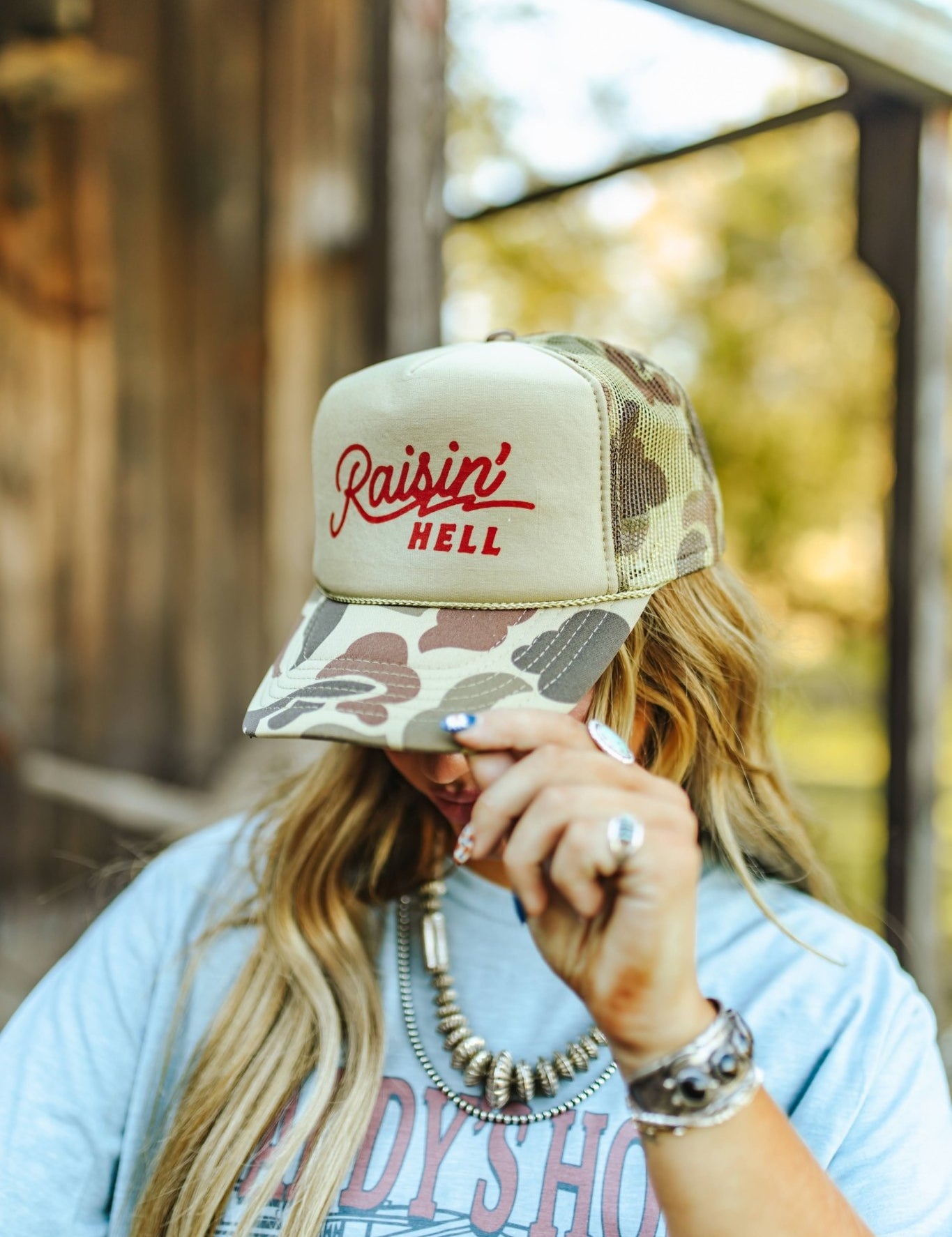 Raisin' Hell Green Camo Trucker HatCamo