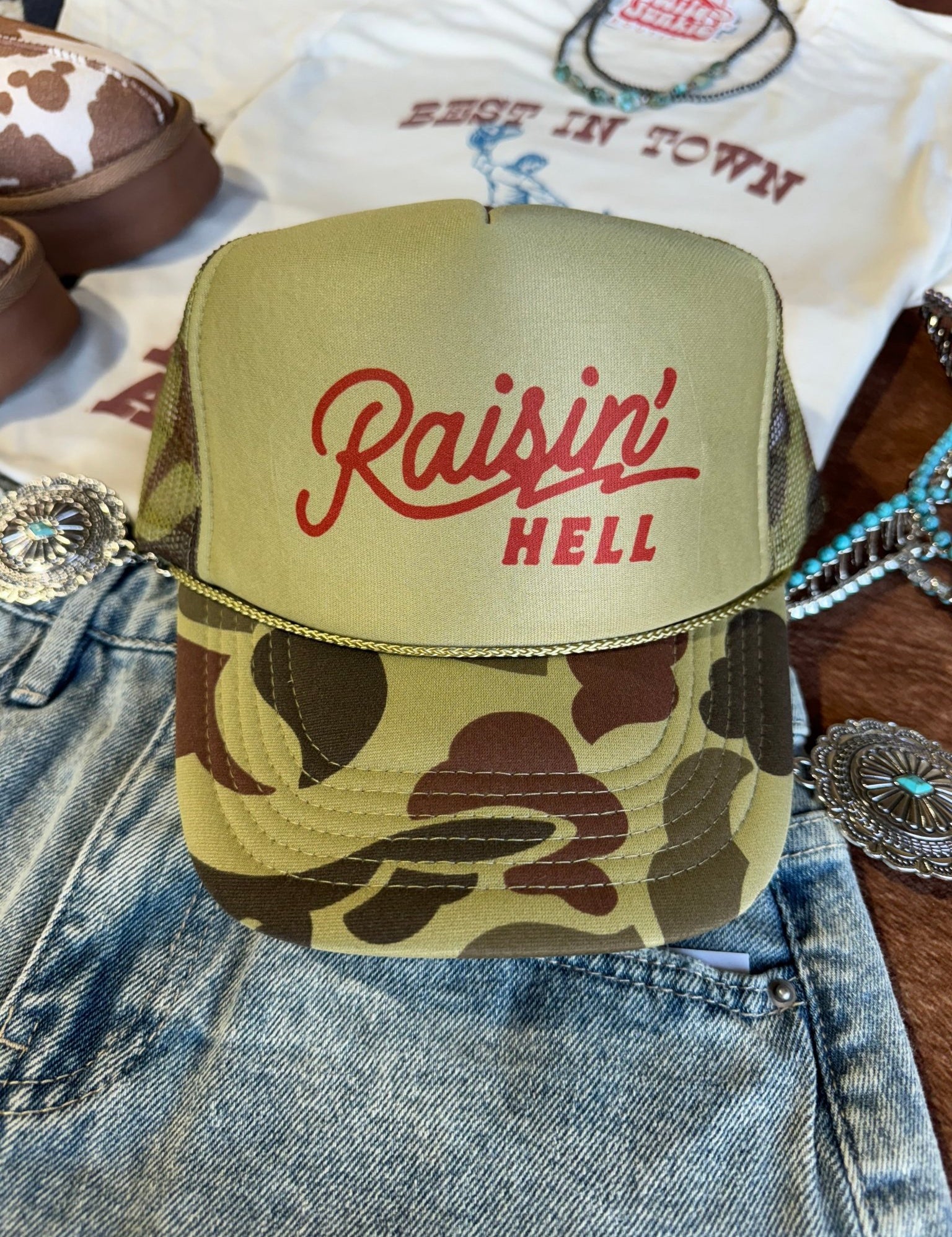 Raisin' Hell Green Camo Trucker HatCamo