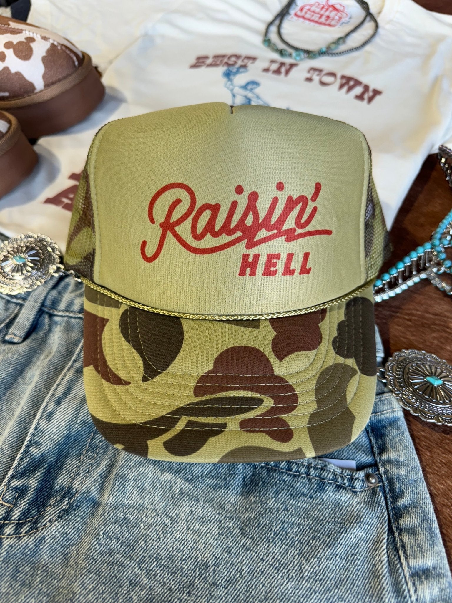 Raisin&#39; Hell Green Camo Trucker HatCamo