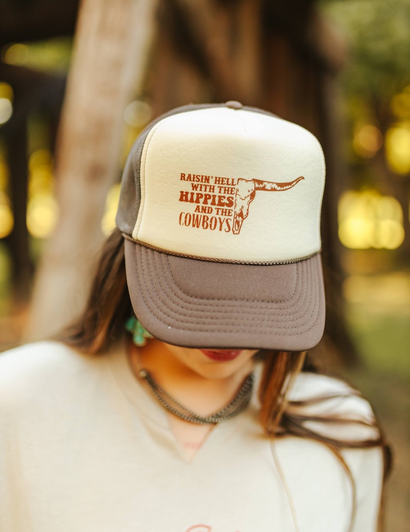 Raisin' Hell With Hippies & Cowboys Trucker HatBrown and Tan