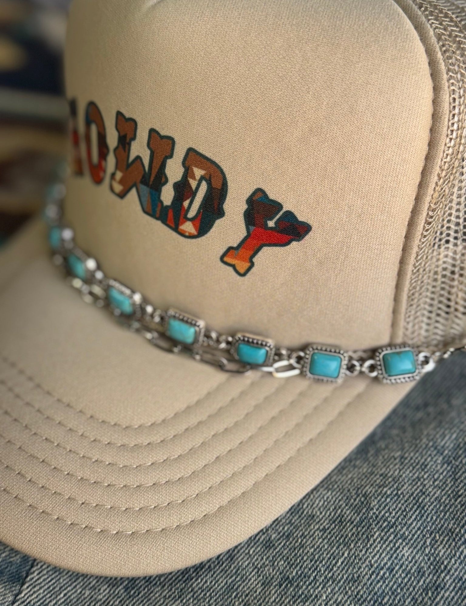 Rectangle Turquoise Concho Trucker Hat Chain