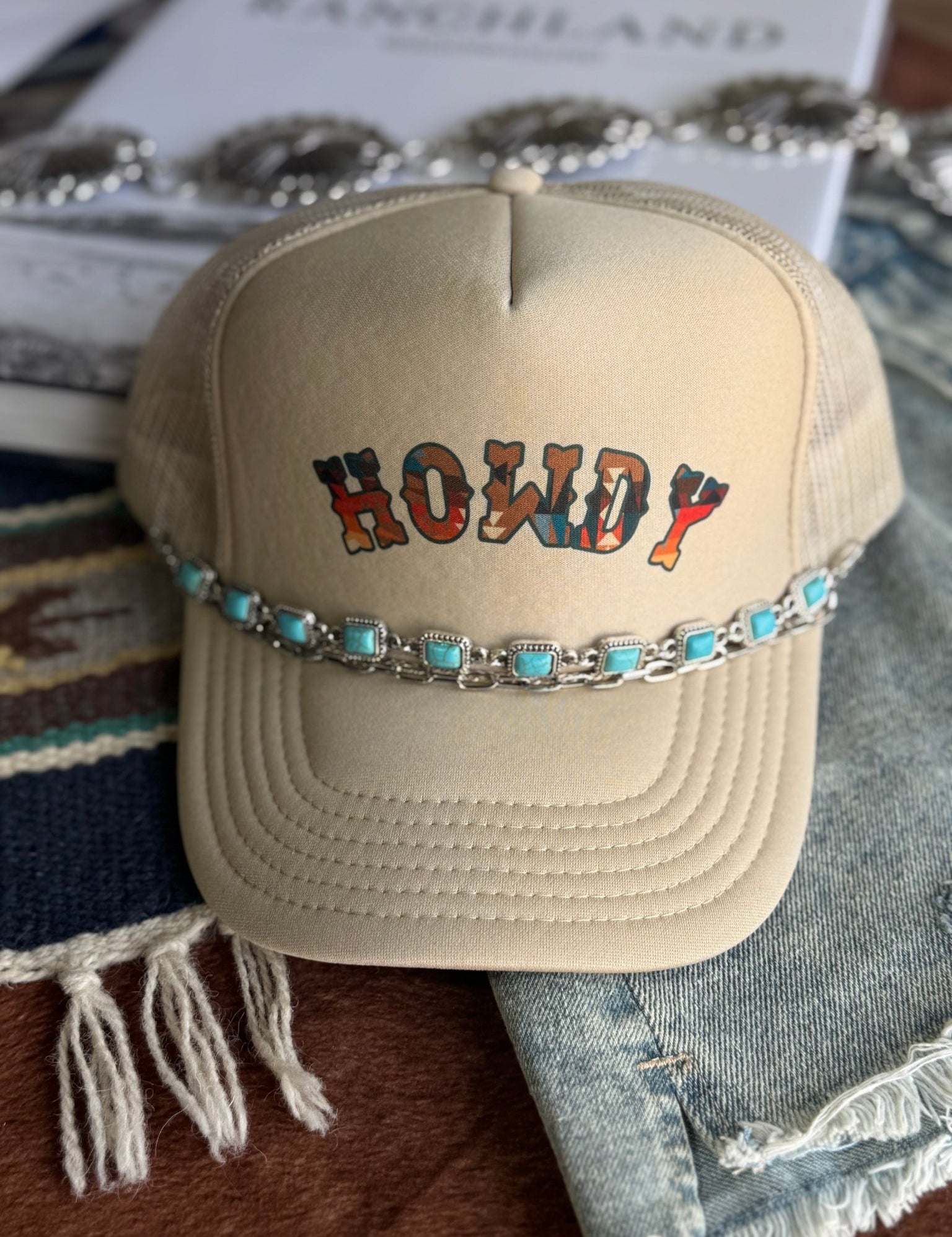 Rectangle Turquoise Concho Trucker Hat Chain