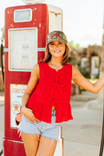 Red Bow Sleeveless Linen TopS