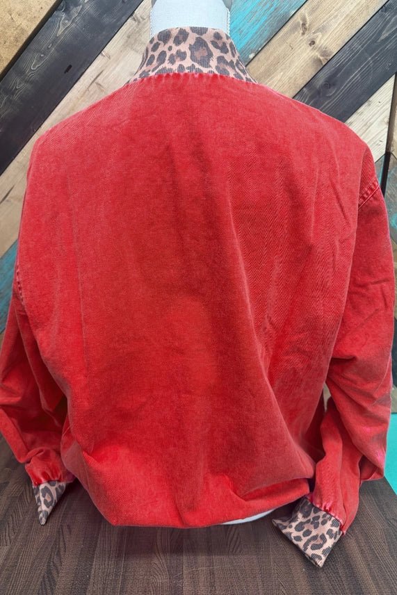 Red Dirt Rebel Leopard Trim Bomber Jacket