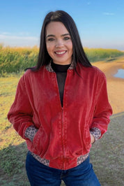 Red Dirt Rebel Leopard Trim Bomber Jacket