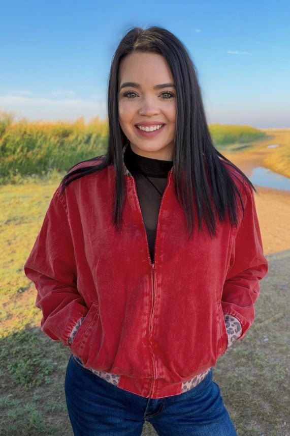 Red Dirt Rebel Leopard Trim Bomber JacketS