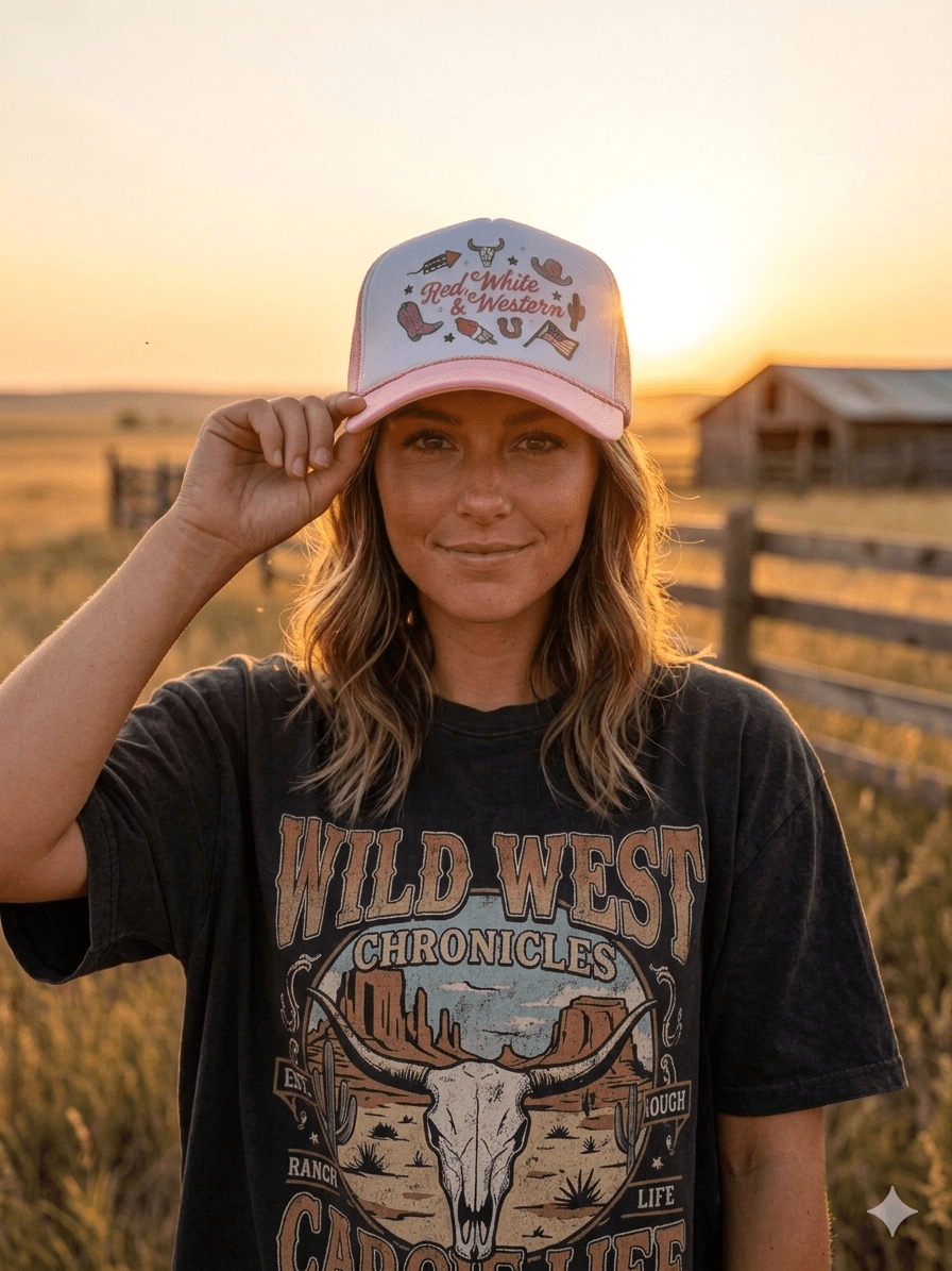Red, White & Western Trucker HatPink & White