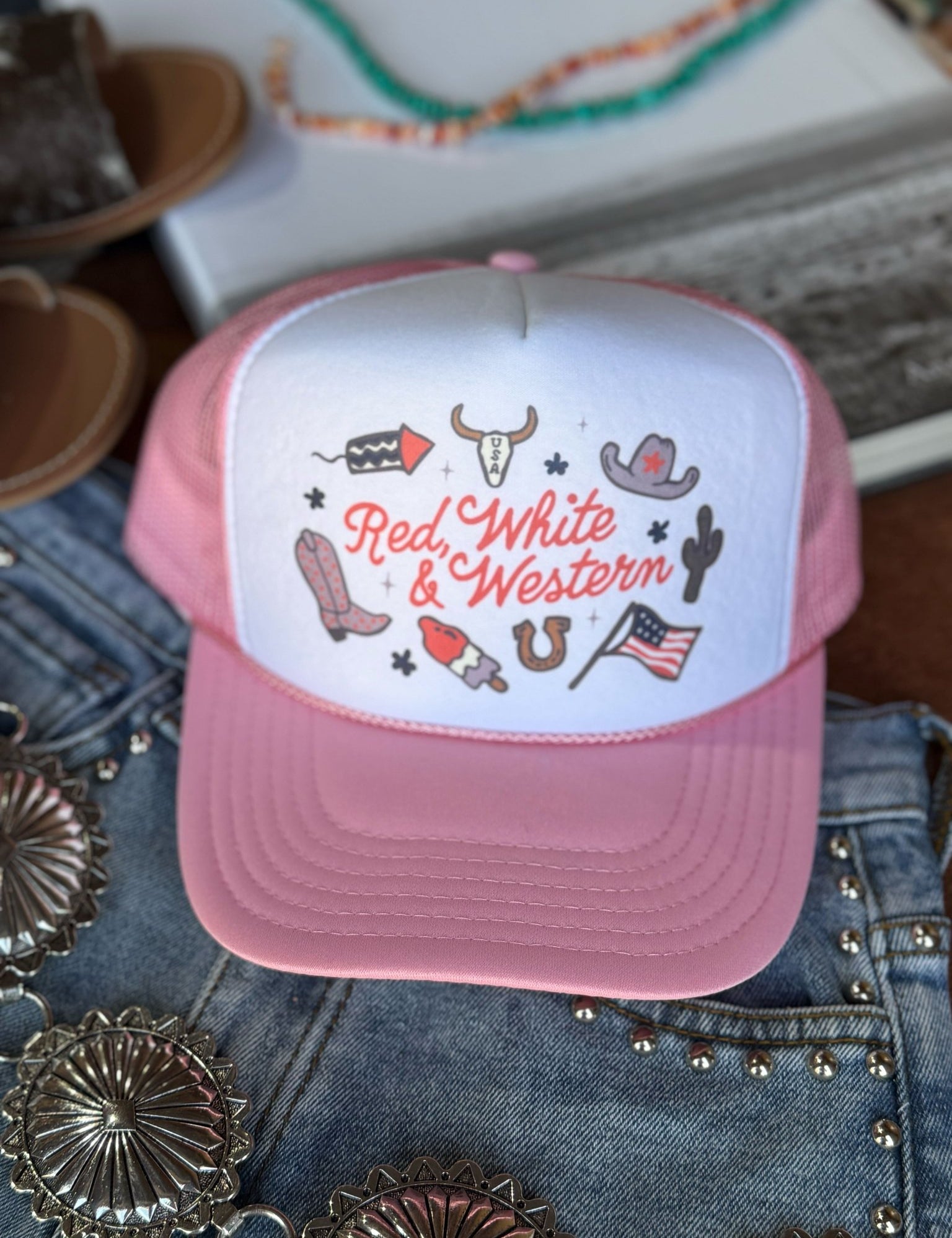Red, White & Western Trucker HatPink & White