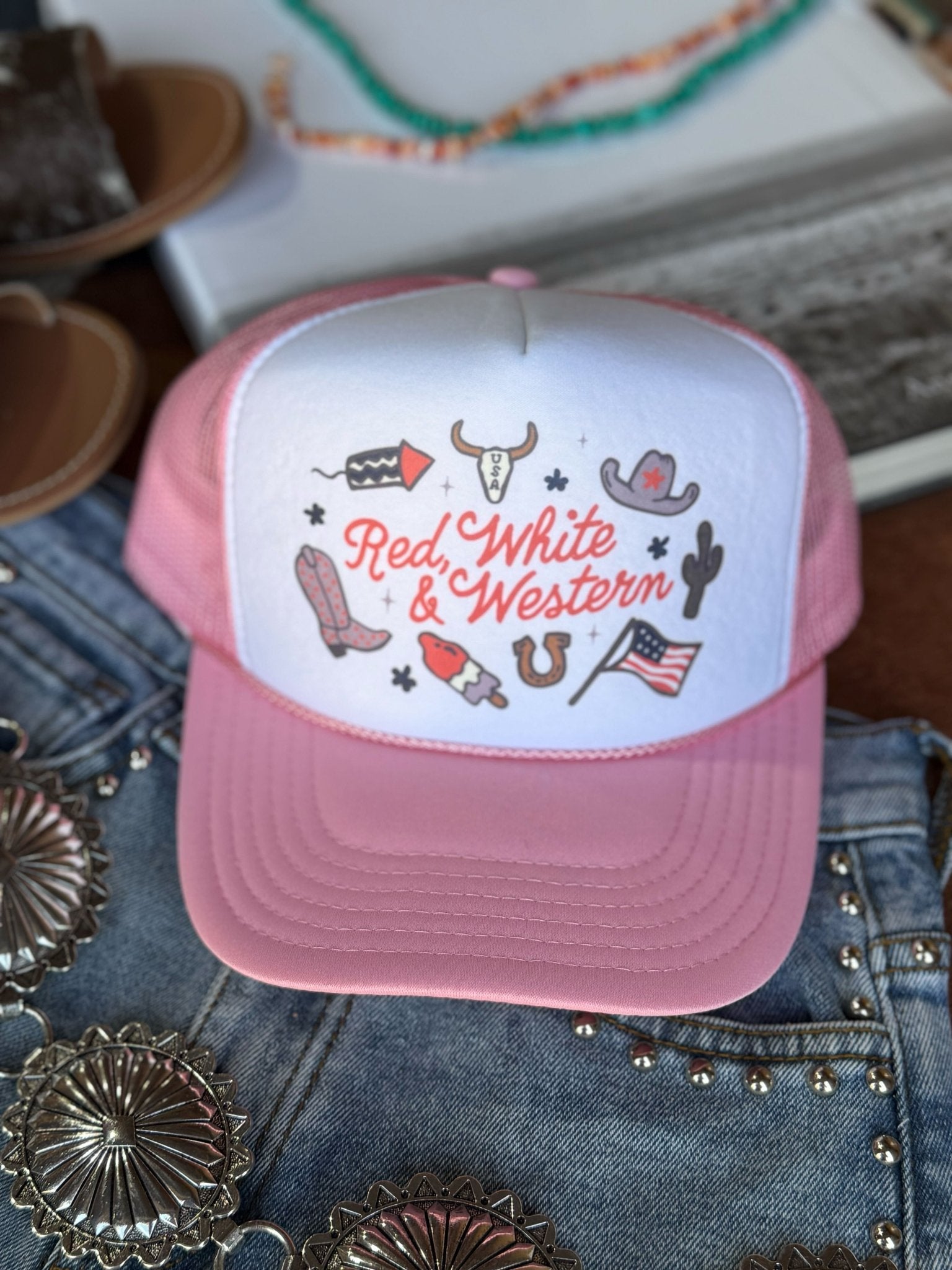 Red, White & Western Trucker HatPink & White