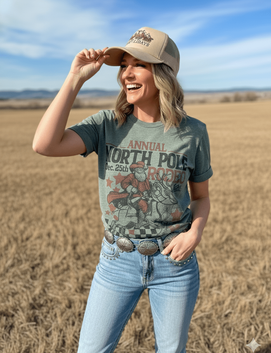 Reindeer North Pole Rodeo Graphic TeeHeather Military GreenS