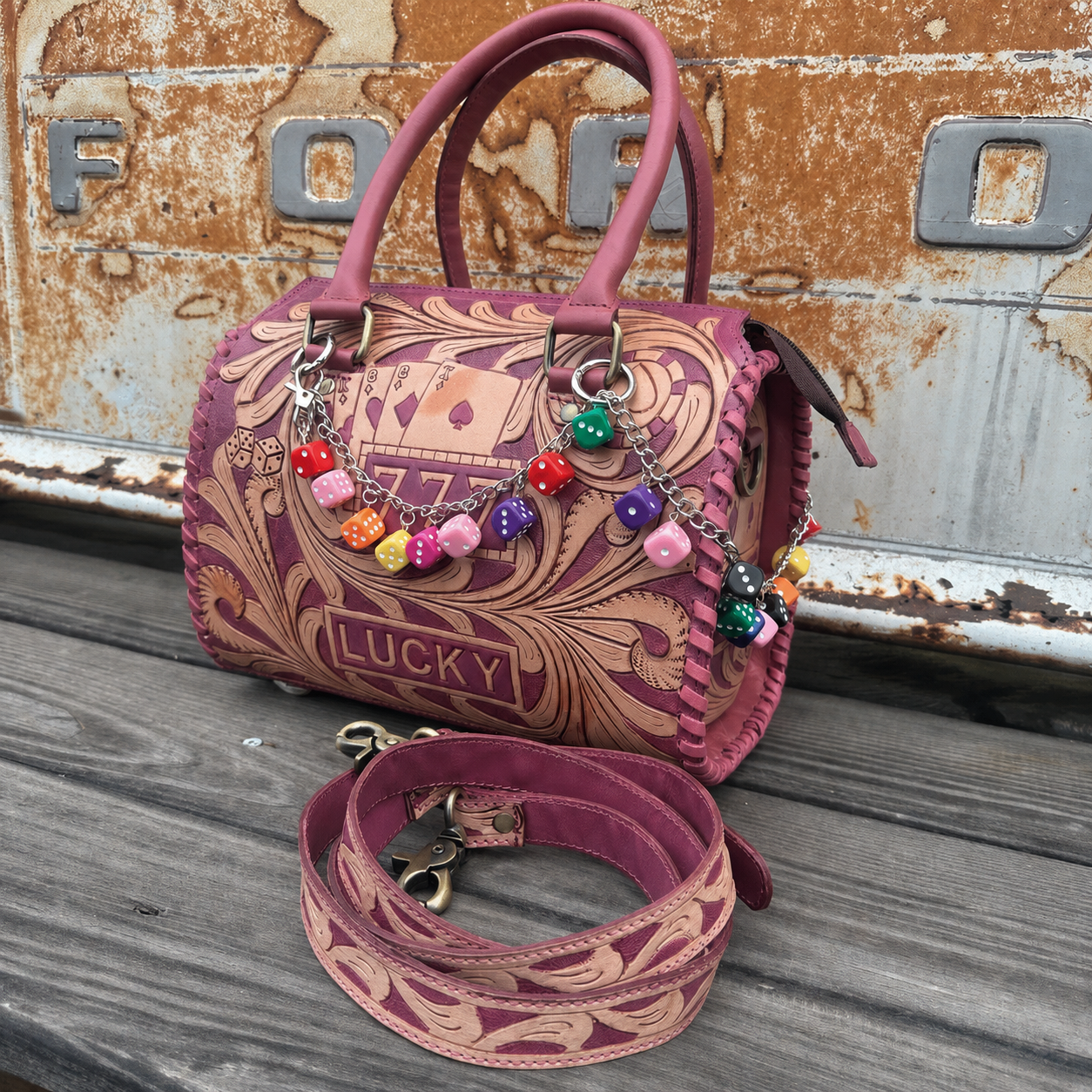 Retro Lucky 777 Tooled Leather Handbag