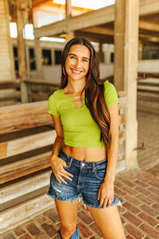 Rhinestone Keyhole Ribbed Short Sleeve TopGreenS/M
