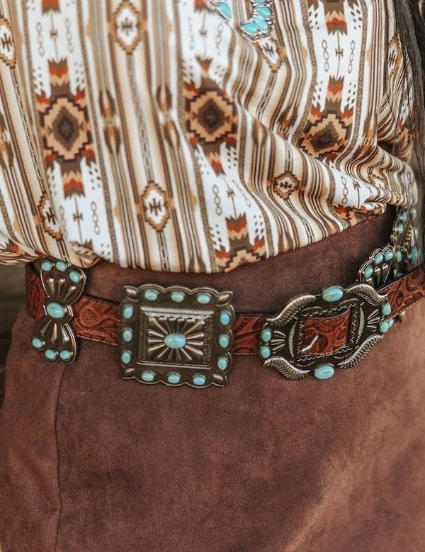 Ribbon Square Concho Genuine Leather BeltS