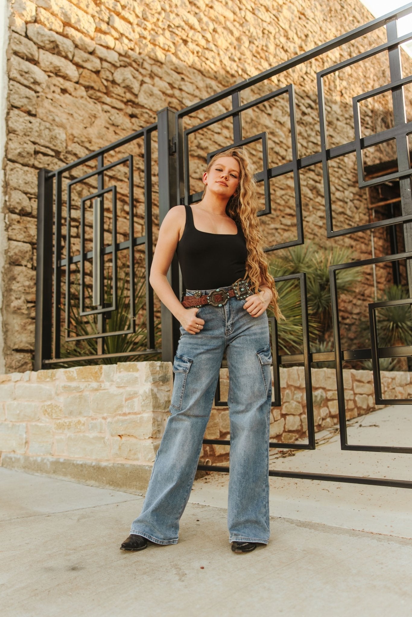 Ribbon Square Concho Genuine Leather BeltS