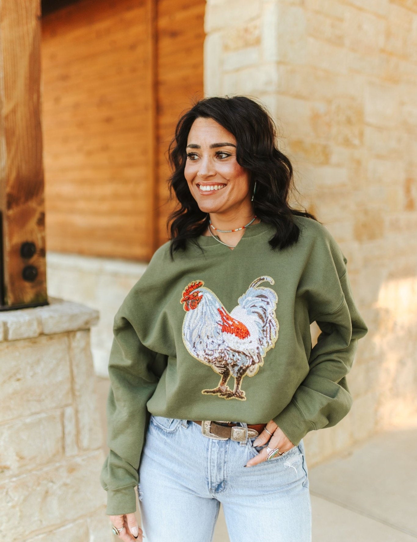 Rooster Sequin V - neck Graphic SweatshirtDark GreenS