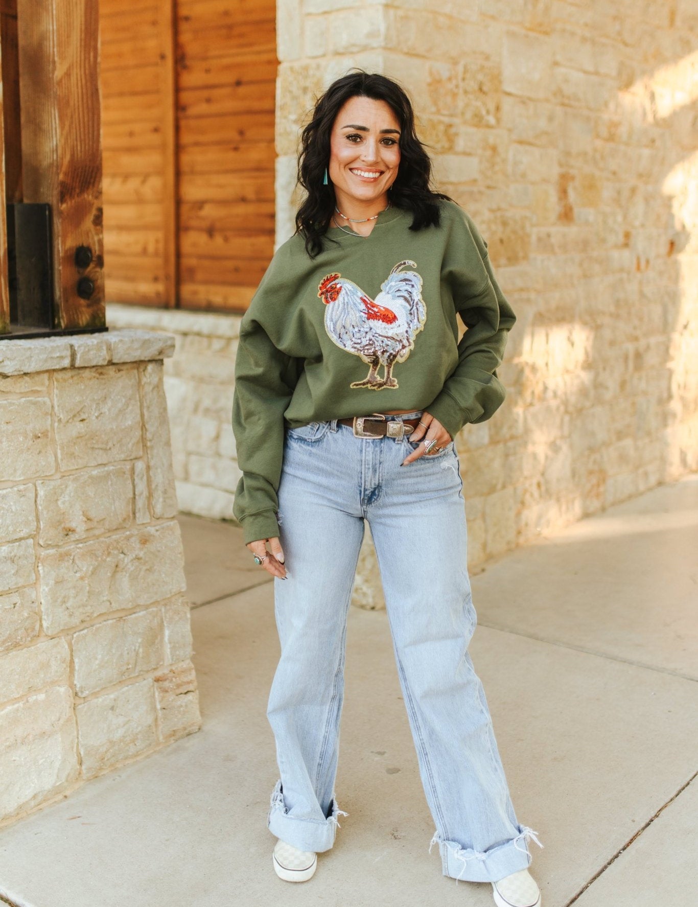 Rooster Sequin V - neck Graphic SweatshirtDark GreenS