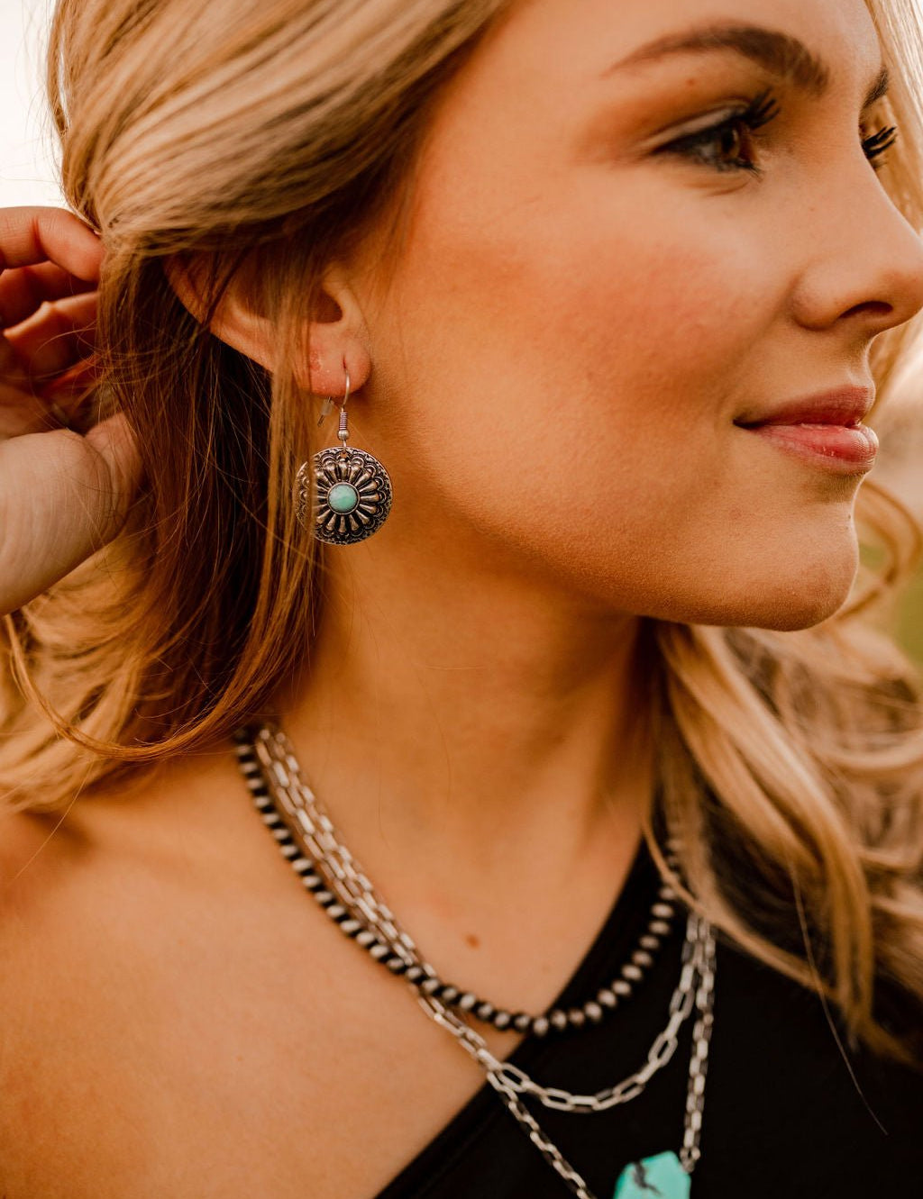 Round Concho Silver Turquoise EarringsSilverOS