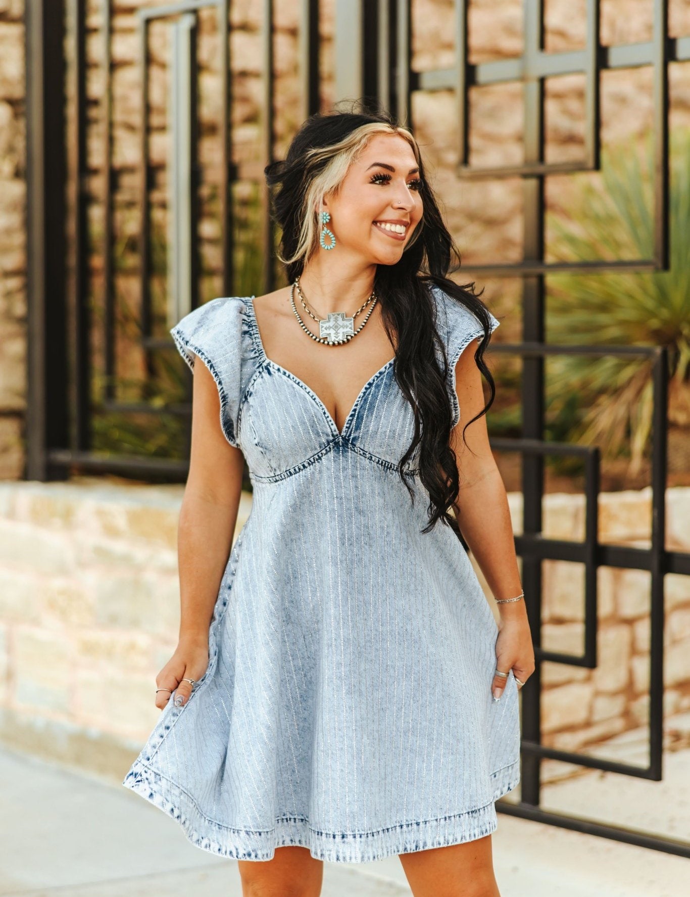 Ruffle Sleeve Denim DressS