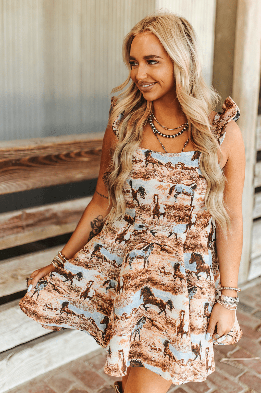 Running Horse Woven Ruffle Strap Mini DressS