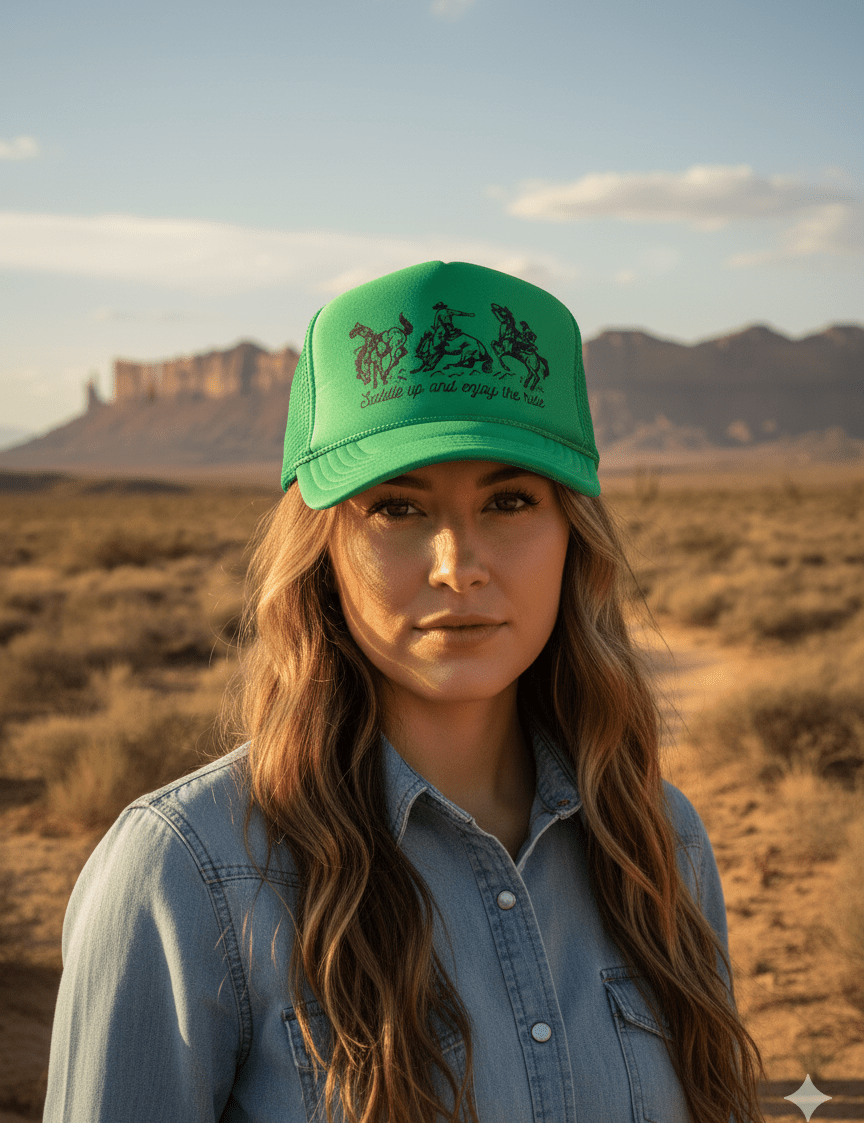 Saddle Up And Enjoy The Ride Trucker HatGreen