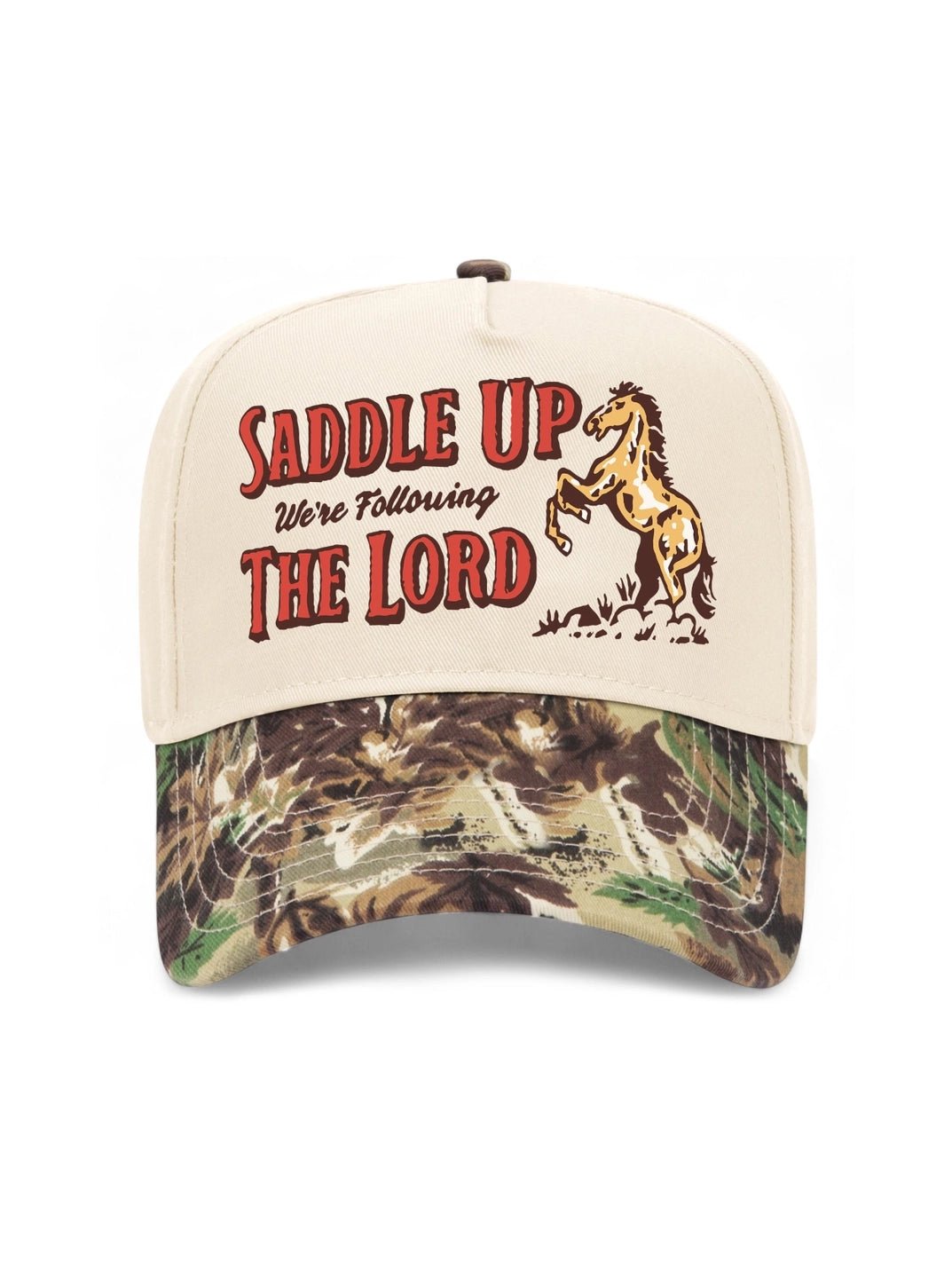 Saddle Up We're Following The Lord Camo Trucker Hat