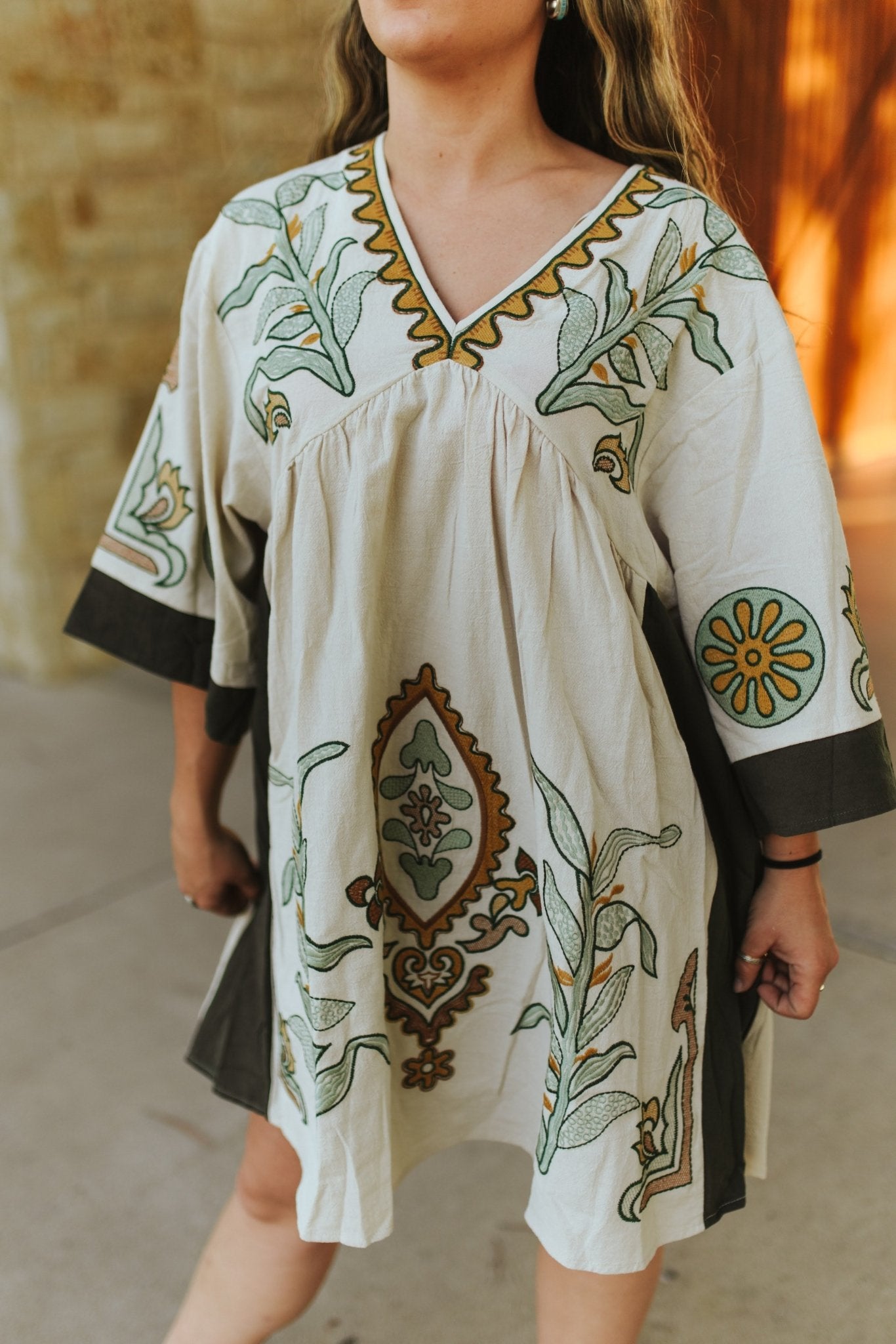 bohemian babydoll dress Brown Embroidered Bow Babydoll Dress